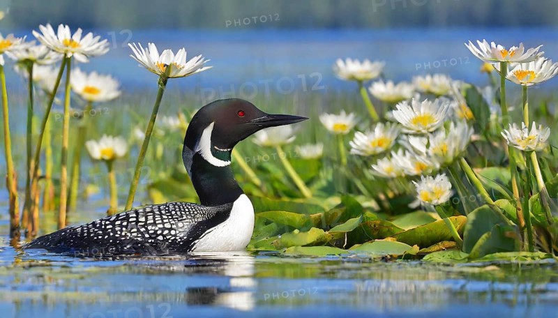 Ai generated, animal, animals, bird, birds, biotope, habitat, a, individual, swims, waters, breeds, nest, reeds, water lilies, blue sky, foraging, wildlife, summer, seasons, loon, (Gavia immer), tundra, Greenland, Iceland, Canada, loon, winters on the coasts of Europe, North America