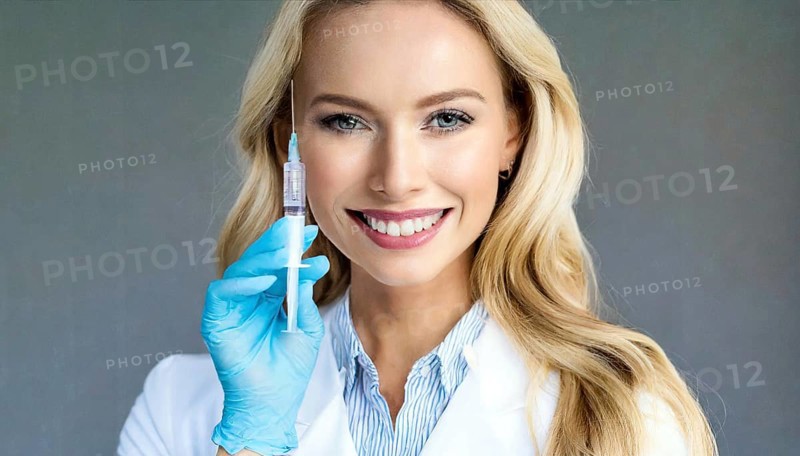 AI generated, RF, woman, woman, doctor, female doctor, 25, 30, years, attractive, attractive, doctor's office, holds a syringe in her hand, disposable syringe, flu shot, corona, pneumococcal, prevention, health, blonde, blonde, beautiful teeth, long hair