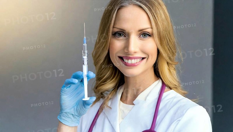 AI generated, RF, woman, woman, doctor, female doctor, 25, 30, years, attractive, attractive, doctor's office, holds a syringe in her hand, disposable syringe, flu shot, corona, pneumococcal, prevention, health, blonde, blonde, beautiful teeth, long hair