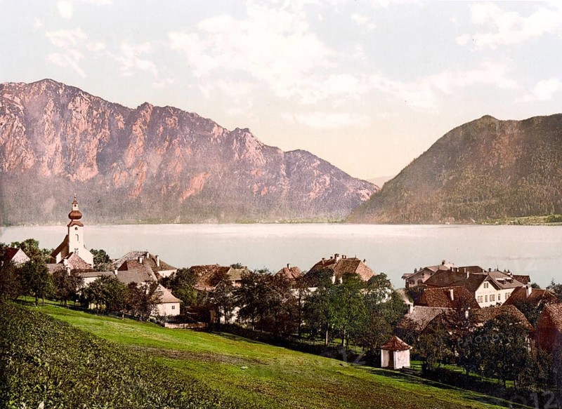 Unterach am Attersee, municipality in the district of Voecklabruck in Upper Austria, Austria, around 1890, Historical, digitally restored reproduction from a 19th century original Unterach am Attersee, municipality in the district of Voecklabruck in Upper Austria, Austria, around 1890, Historical, digitally restored reproduction from a 19th century original, Europe