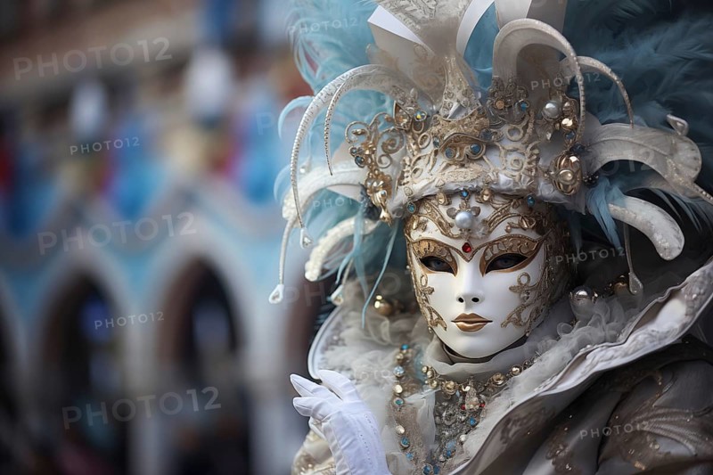 A person adorned in an elaborate and elegant costume, capturing the essence of the Venice Carnival amidst a scenic backdrop, AI generated