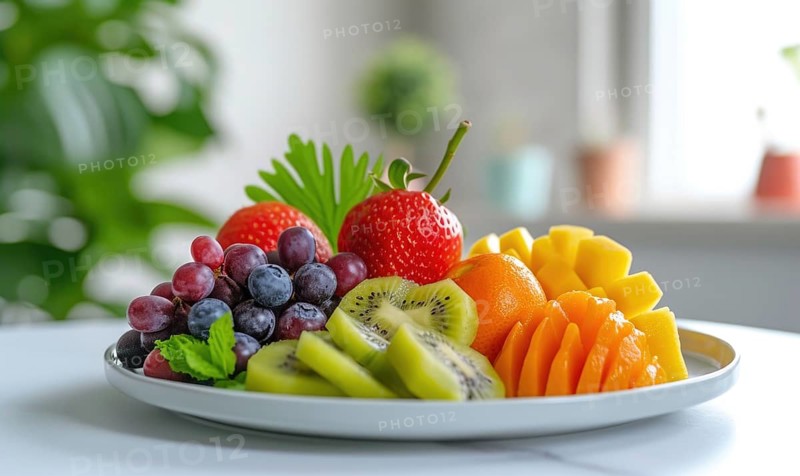 Fresh fruits on a white plate in the kitchen. Healthy eating AI generated