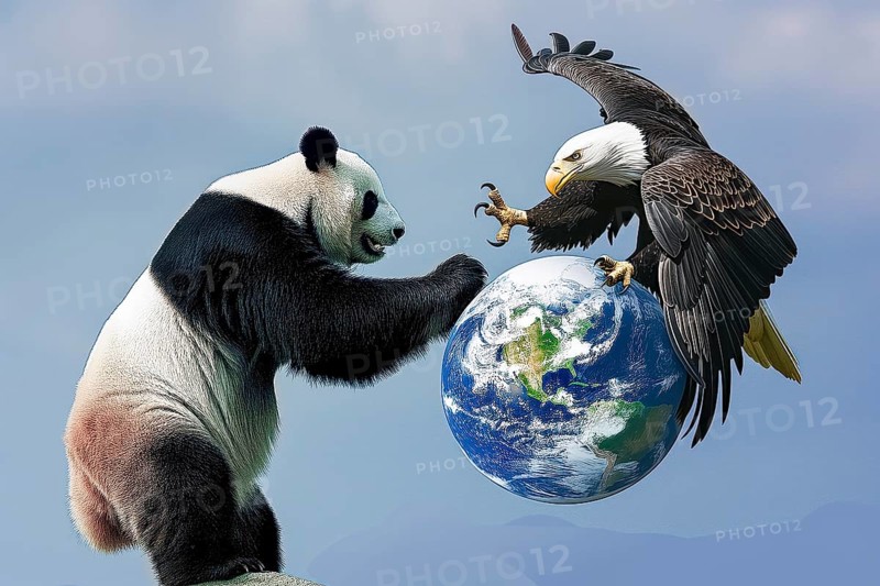 A panda and a bald eagle fight against a clear sky around the globe, symbolising the cultural, ideological and economic dominance in the world between China and the USA, AI generated, AI generated