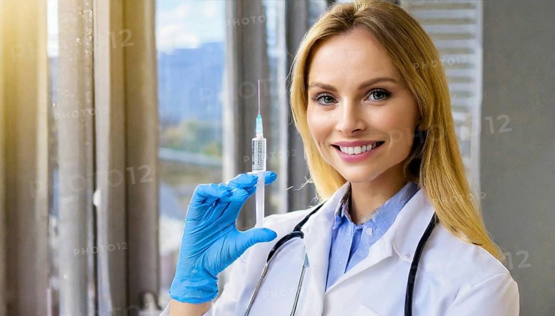 AI generated, RF, woman, woman, doctor, female doctor, 25, 30, years, attractive, attractive, doctor's office, holds a syringe in her hand, disposable syringe, flu shot, corona, pneumococcal, prevention, health, blonde, blonde, beautiful teeth, long hair