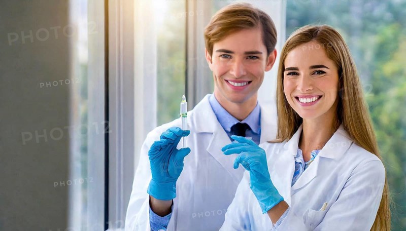Ai generated, RF, woman, woman, man, men, doctor, female doctor, two, 30-35, years, attractive, attractive, doctor's office, holds a syringe in her hand, disposable syringe, flu shot, corona, pneumococcal, prevention, health, blond, blonde, blonde, beautiful teeth, long hair, two people