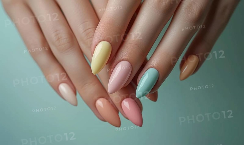 Female hands with pink and beige nail design. Nail polish manicure AI generated