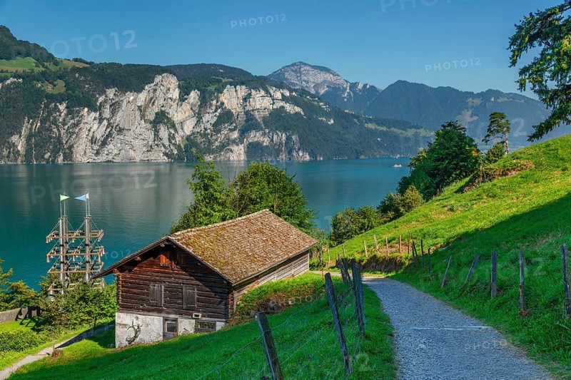 Glockenspiel at the Tellsplatte on the Swiss Path, Sisikon, Lake Lucerne, Canton Uri, Switzerland, Building, Lake Lucerne, Uri, Switzerland, Europe