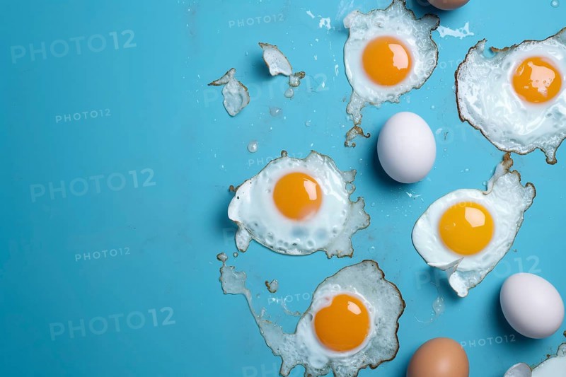 Whole and fried eggs on blue background. KI generiert, generiert AI generated