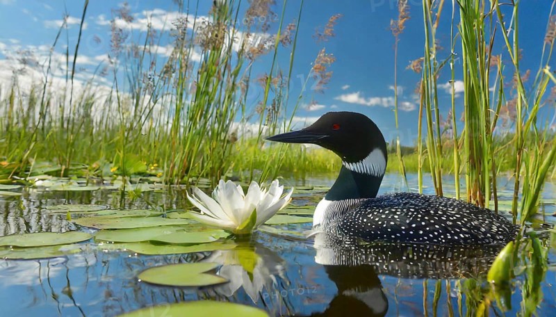 Ai generated, animal, animals, bird, birds, biotope, habitat, a, individual, swims, waters, breeds, nest, reeds, water lilies, blue sky, foraging, wildlife, summer, seasons, loon, (Gavia immer), tundra, Greenland, Iceland, Canada, loon, winters on the coasts of Europe, North America