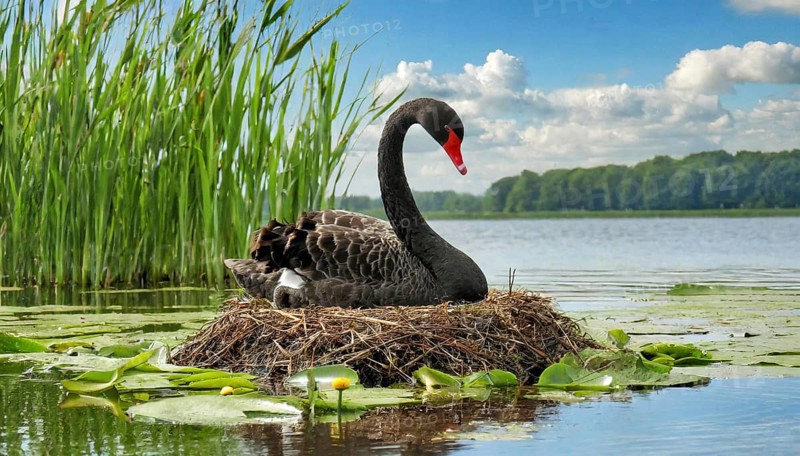 KI generated, animal, animals, bird, birds, biotope, habitat, one, individual, water, reed, blue sky, foraging, wildlife, summer, seasons, black swan (Cygnus atratus), Black Swan, snow, ice, winter