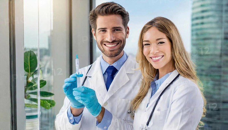 Ai generated, RF, woman, woman, man, men, doctor, female doctor, two, 30-35, years, attractive, attractive, doctor's office, holds a syringe in her hand, disposable syringe, flu shot, corona, pneumococcal, prevention, health, blond, blonde, blonde, beautiful teeth, long hair, two people