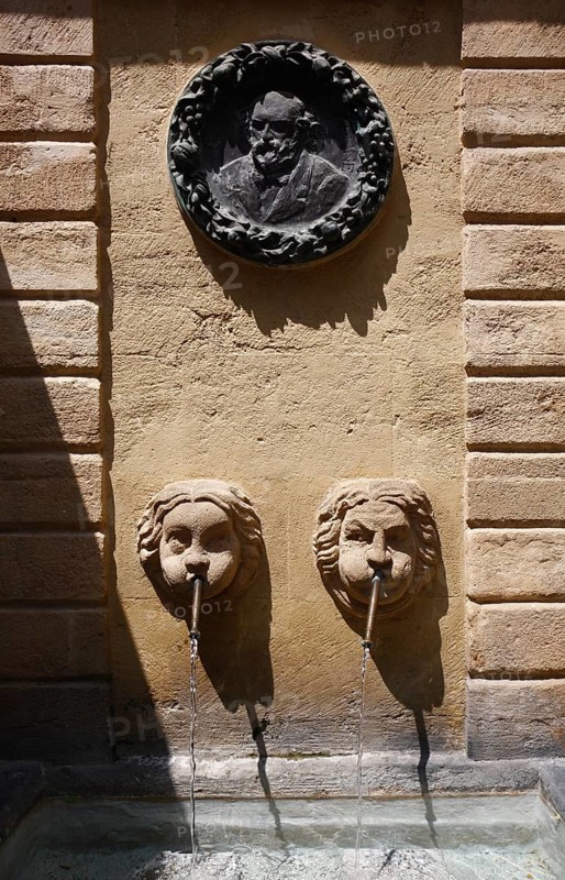 Fontaine des Bagnier, the Medallion, a portrait by Paul Cezanne, after a drawing by Auguste Renoir, Aix en Provence, Bouches-du-Rhone, Provence, France, Europe