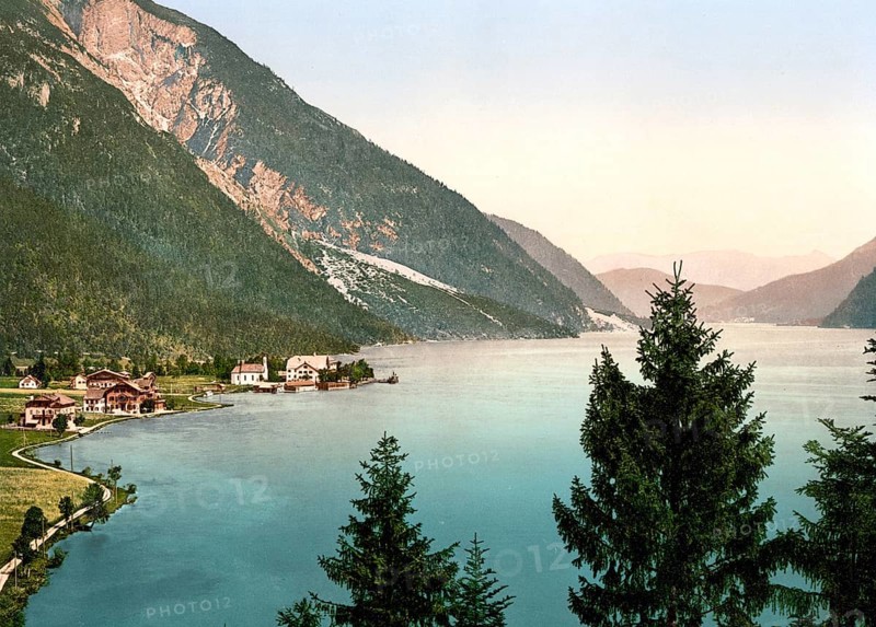 Lake Achensee, Pertisau, Tyrol, formerly Austro-Hungary, today Austria, c. 1890, Historic, digitally restored reproduction from a 19th century original The lake Achensee, Tyrol, former Austro-Hungary, today Austria, 1890, Historic, digitally restored reproduction from a 19th century original