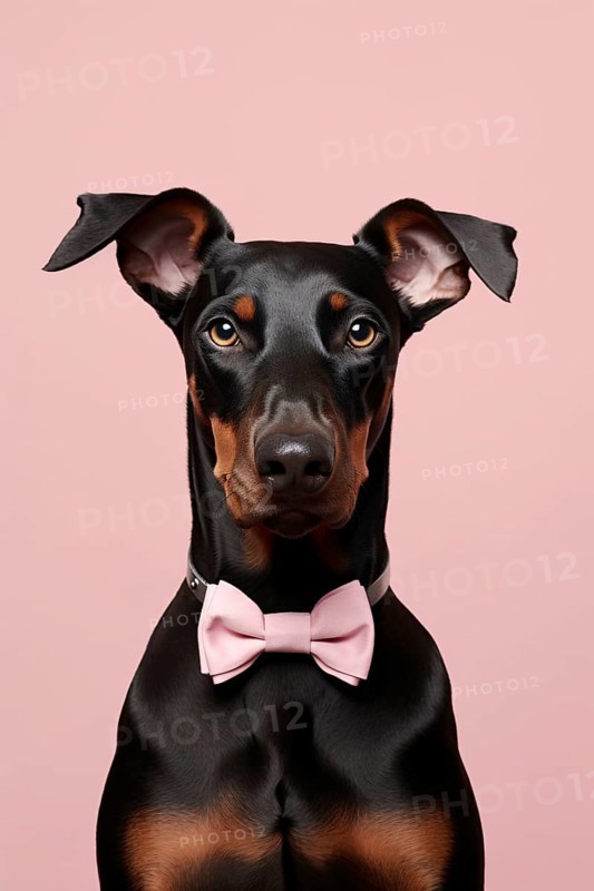 Doberman dog with bowtie on pink background. KI generiert, generiert AI generated