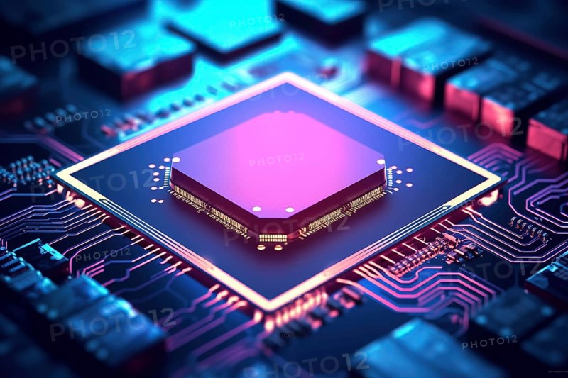 Close-up of a computer processor chip CPU on a motherboard with glowing neon lights. The chip is surrounded by other electronic components. Technology and hardware related content, AI generated
