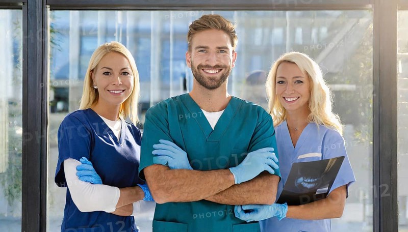 KI generated, RF, woman, woman, man, doctor, medical, medical team, team, 30+, years, attractive, attractive, medical practice, look at an x-ray, x-ray, examination, check-up, health, blond, blonde, blonde, beautiful teeth, long hair, beard bearer, three people