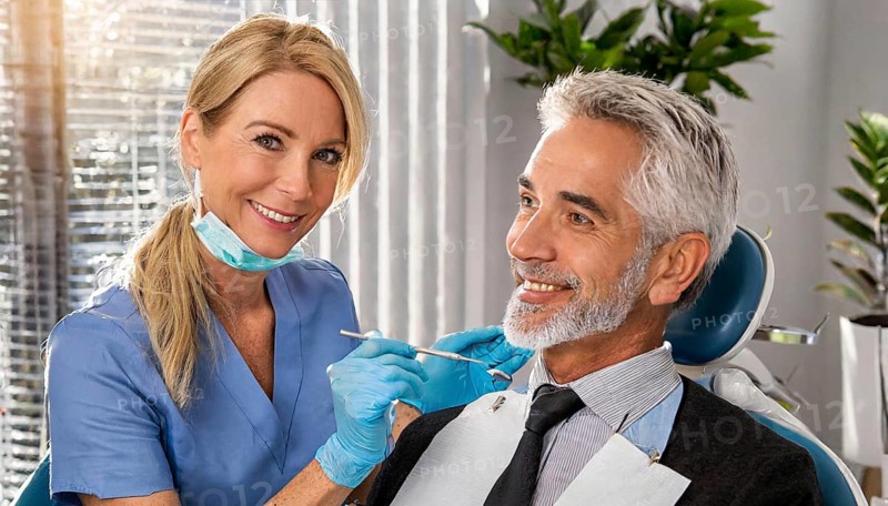 AI generated, dentist treats an attractive older man, senior, seniors, 65, dentist, blonde, 30, 35, years, dental treatment, follow-up, AI generated