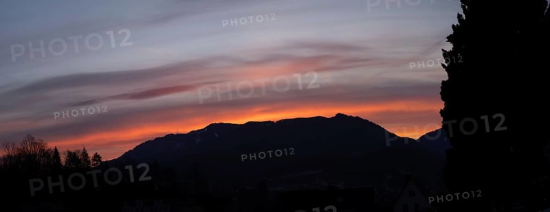 Dawn over the Mugel, panoramic view, Leoben, Styria, Austria, Europe