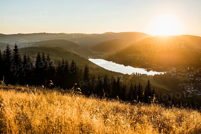 View from Hochfirst to Titisee and Feldberg, sunset, near Neustadt, Black Forest, Baden-Wuerttemberg, Germany, Europe