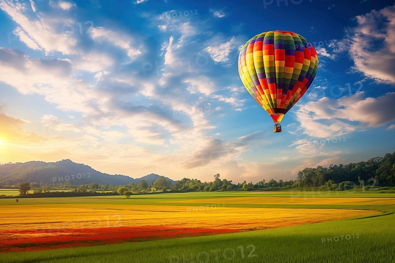 A colorful hot air balloon floats in sky over a blooming field meadow of flowers landscape at sunset with orange and blue skies in the background. Travel journey adventure beauty of nature concept, AI generated