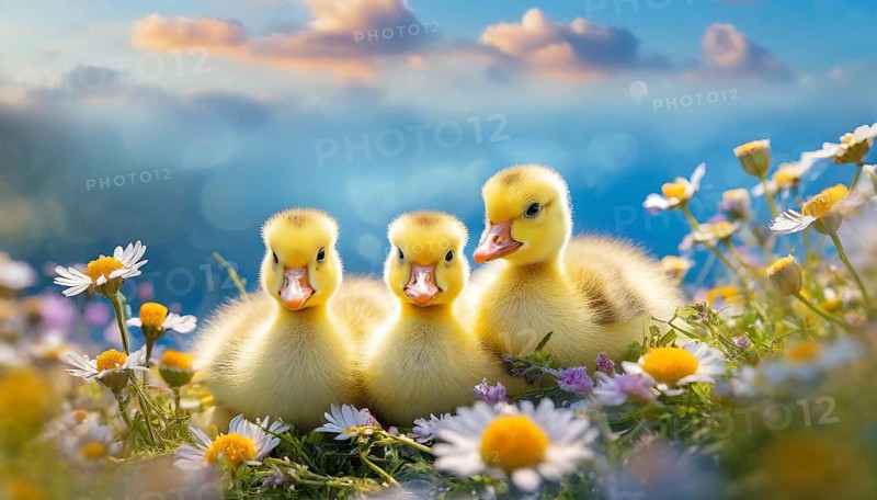 AI generated, animal, animals, bird, birds, biotope, habitat, one, individual, foraging, wildlife, goose, domestic goose, domestic geese, (Anser anser), female, gosling, gosling, yellow gosling, swim, pond, body of water, water, lie, meadow, flowers, summer, two, three, four, pet, domestic animals, farm animal, farm animals