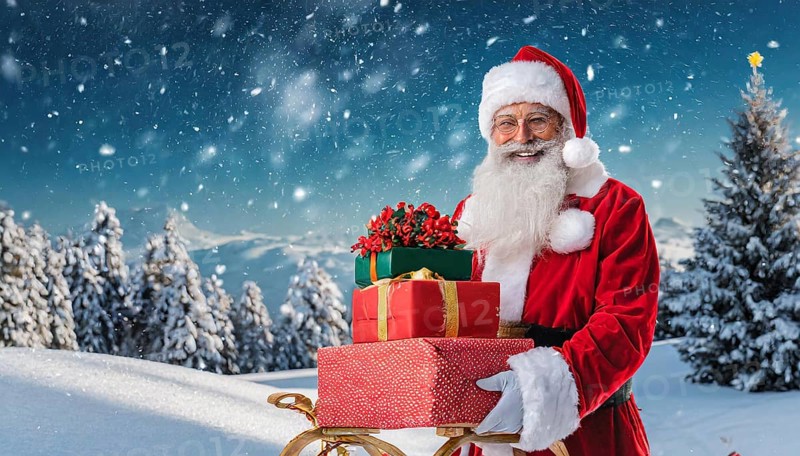 AI generated, man, 70+, Father Christmas, red coat, backpack, full beard, winter, snow, ice, fir trees, snowy, snowflakes, winter landscape, Christmas hat, costume, clothes, colourful, colourful presents, packages, nice teeth, smiles, friendly, Christmas, evening, night shot, winter forest, sleigh
