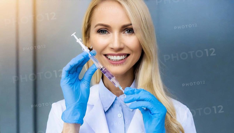 AI generated, RF, woman, woman, doctor, female doctor, 25, 30, years, attractive, attractive, doctor's office, holds a syringe in her hand, disposable syringe, flu shot, corona, pneumococcal, prevention, health, blonde, blonde, beautiful teeth, long hair
