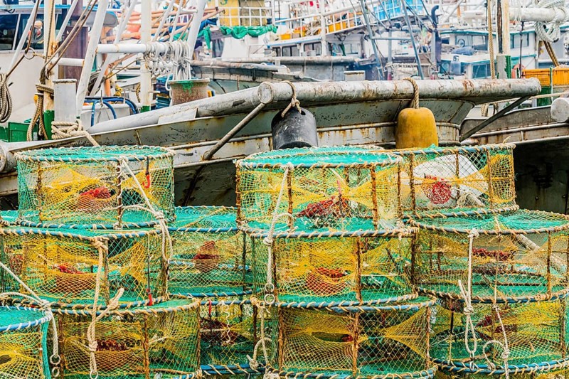 Closeup of large yellow and blue crab cages used to bait, lure, and catch crabs for commercial or recreational use in South Korea