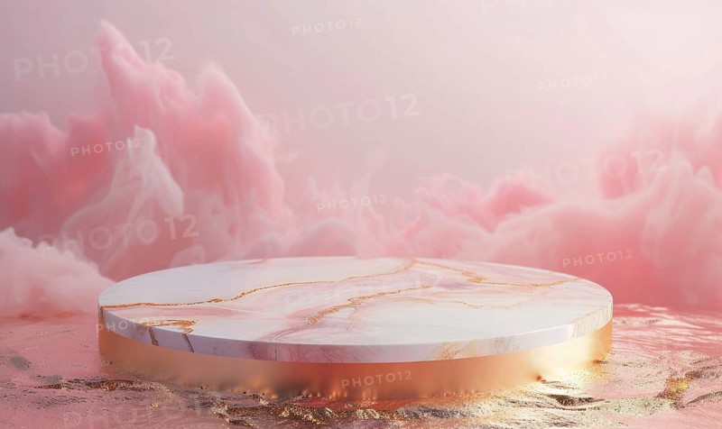 Pink marble podium with shadow of leaves and rose quartz texture background AI generated