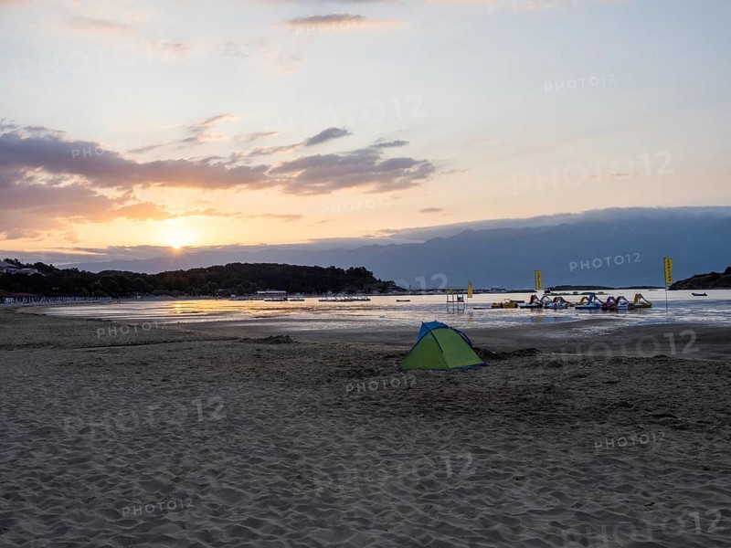Morning atmosphere on the beach at sunrise, Lopar, island of Rab, Kvarner Gulf Bay, Croatia, Europe