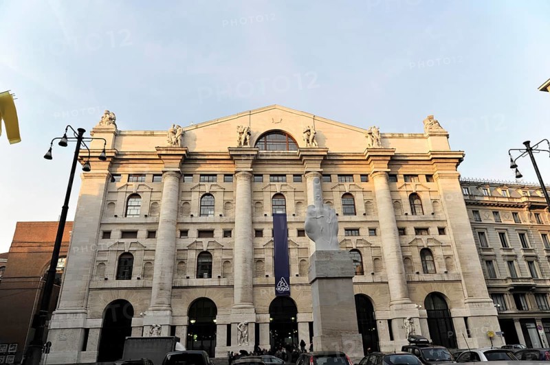 Italy's leading stock exchange, the Palazzo della Mezzanotte built in the Fascist style by Paolo Mezzanotte, stands in the country's main trading city, Milan, Lombardy, Italy, Europe