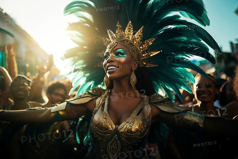 Captivating image capturing the essence of the Rio Carnival, showcasing a dancer adorned in an elaborate, vibrant costume, embodying the spirit and energy of this iconic festival, AI generated