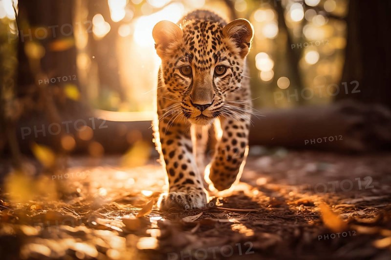 Baby leopard walking with confidence during the golden hour, showcasing its spotted fur and innocent eye, AI generated