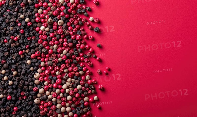 Top view of pink and black pepper peppercorns on pink background AI generated
