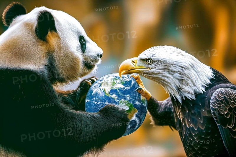 A panda fights with a bald eagle over a globe, symbolising the cultural, ideological and economic dominance in the world between China and the USA, AI generated, AI generated