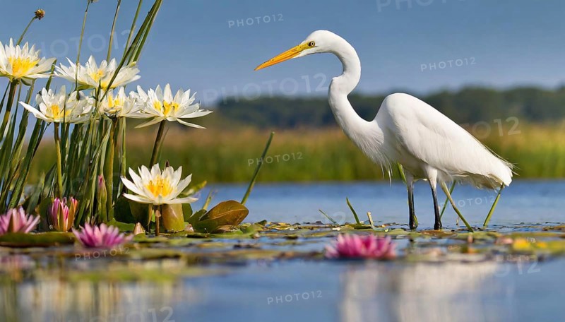 KI generated, animal, animals, bird, birds, biotope, habitat, one, individual, water, reeds, water lilies, blue sky, foraging, wildlife, summer, seasons, great egret, (Adrea alba, Syn: Casmerodius albus, Egretta alba)