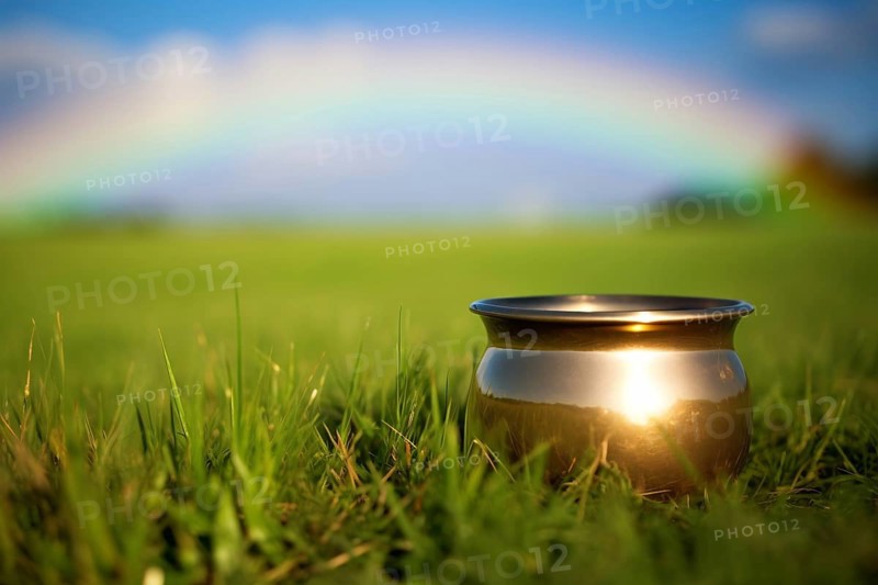Pot of gold in grass with rainbow in background. St. Patrick's Day concept. KI generiert, generiert AI generated