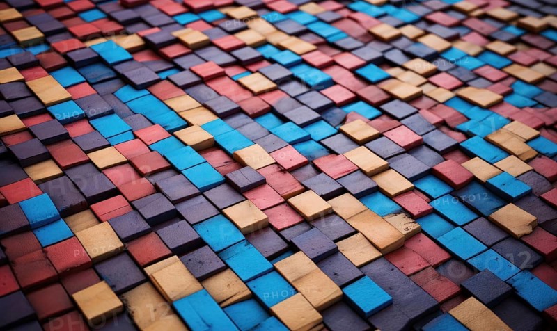 A colorful pattern created by an arrangement of painted wooden blocks AI generated