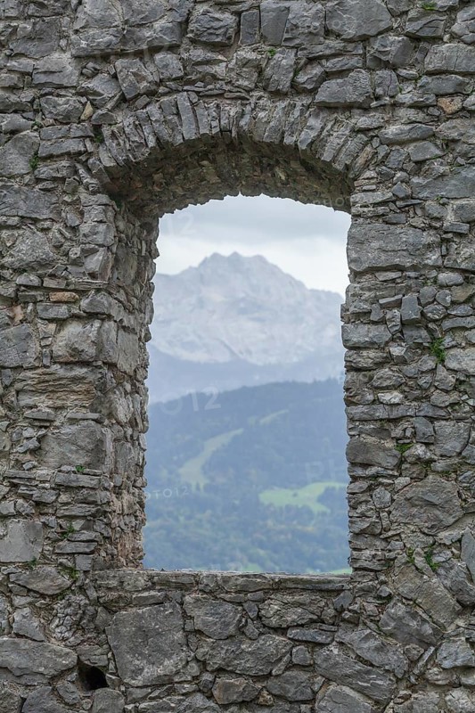Window of the ruins of Werdenfels Castle with overcast sky, Garmisch-Partenkirchen, Werdenfelser Land, Upper Bavaria, Bavaria, Germany, Europe