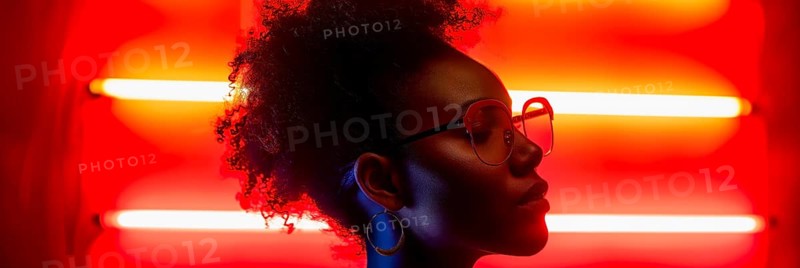 Relaxed looking woman with trendy glasses and big earrings, surrounded by warm red neon lights, AI generated, AI generated