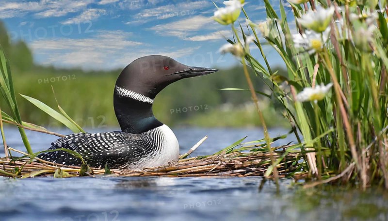 Ai generated, animal, animals, bird, birds, biotope, habitat, a, individual, swims, waters, breeds, nest, reeds, water lilies, blue sky, foraging, wildlife, summer, seasons, loon, (Gavia immer), tundra, Greenland, Iceland, Canada, loon, winters on the coasts of Europe, North America