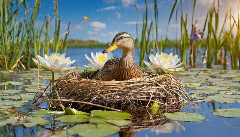 Ai generated, animal, animals, bird, birds, biotope, habitat, a, individual, swims, waters, reeds, water lilies, blue sky, foraging, wildlife, summer, seasons, mallard, female, female, broods, nest, (Anas platyrhynchos, swimmer, family of geese)