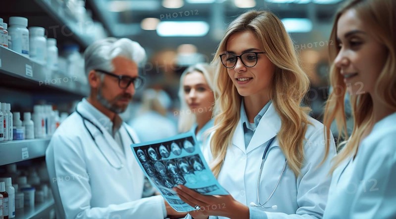 A team of healthcare professionals examining MRI scans in a drugstore setting, ai generated, AI generated