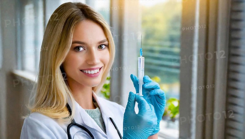 AI generated, RF, woman, woman, doctor, female doctor, 25, 30, years, attractive, attractive, doctor's office, holds a syringe in her hand, disposable syringe, flu shot, corona, pneumococcal, prevention, health, blonde, blonde, beautiful teeth, long hair