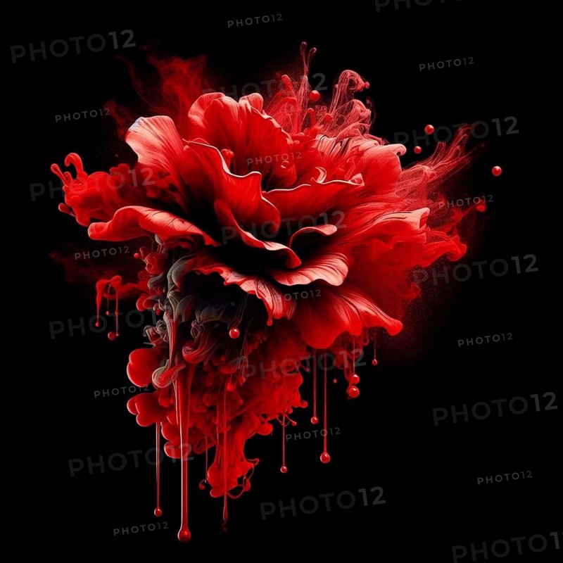 A dramatic abstract artwork of a red flower with smoke-like flowing forms on a dark background, AI generated