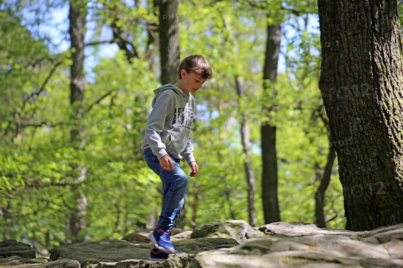 Boy climbing on the sea of rocks below the Kalmit in the Palatinate Forest