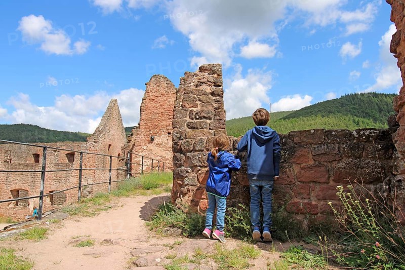 Boy and girl at the Hardenburg castle ruins, Bad Duerkheim