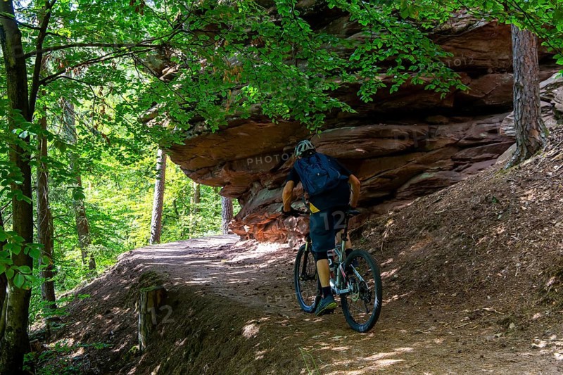 Mountain bikers on tour in the Dahner Felsenland . The many red sandstone rock formations characterise this region