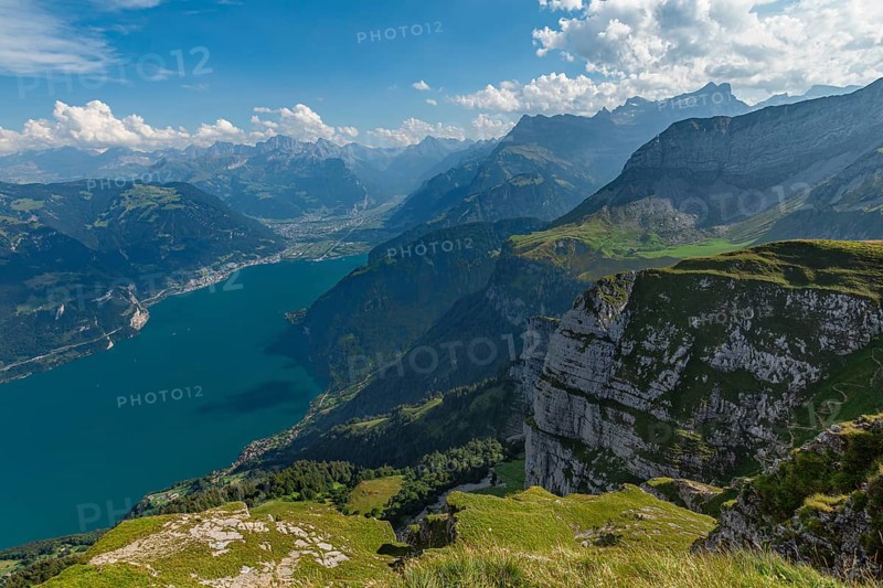 View from Niederbauen Kulm (1923m) to Flueelen and Altdorf, Lake Lucerne, Canton Uri, Switzerland, Lake Lucerne, Uri, Switzerland, Europe