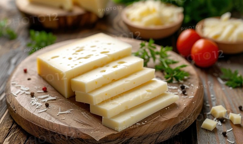 Slices of cheese with rosemary and tomatoes on a wooden background AI generated